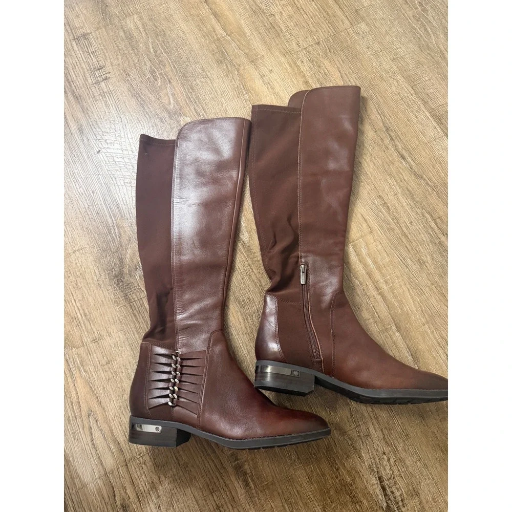 Vince Camuto Brown Leather Over The Knee Boots Size 8M Whipstitch Lug Sole